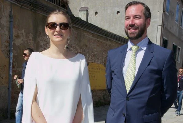 Hereditary Grand Duke Guillaume and Hereditary Grand Duchess Stéphanie visited the "Viva Arte Viva" official exhibition at Venetian Arsenal in Venice. Duchess wore Pink trousers and satin blouse