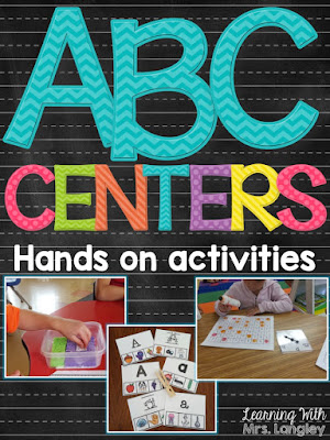 This post explains how I organize my alphabet centers in kindergarten and is a perfect read for back to school. These letter sound and identification centers are fun for students and easy for me to give directions to all because of pictures! See how I use these in our everyday schedule. #backtoschool #classroomorganization #kindergartencenters #kindergarten
