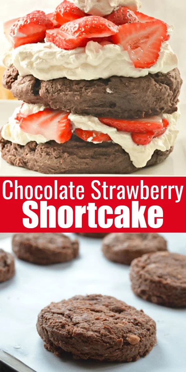 Chocolate Strawberry Shortcake is the best recipe from scratch! Homemade Chocolate Biscuits are covered with fresh strawberries and whipped cream for a great dessert recipe from Serena Bakes Simply From Scratch.