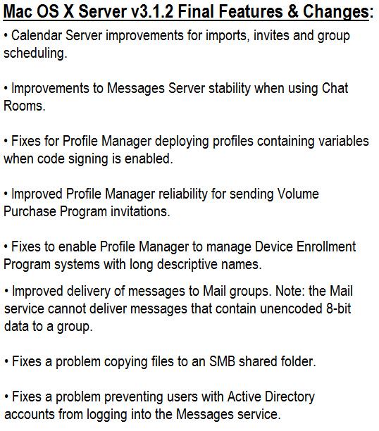 Mac OS X Server 3.1.2 Final Features and Changes