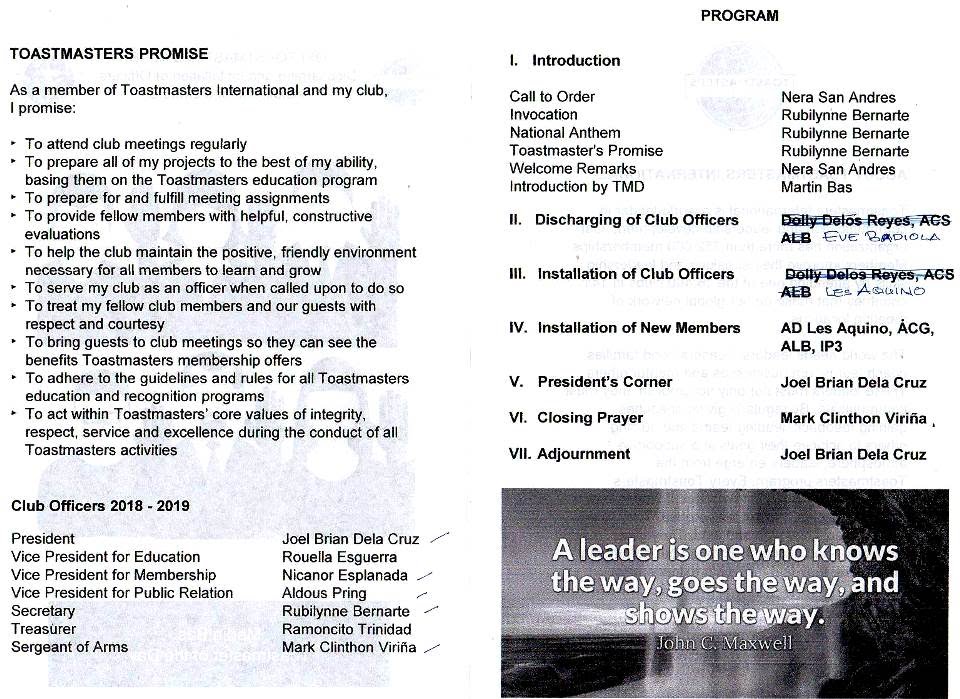 Toastmasters Speeches: QSI Toastmasters Club Induction of Officers