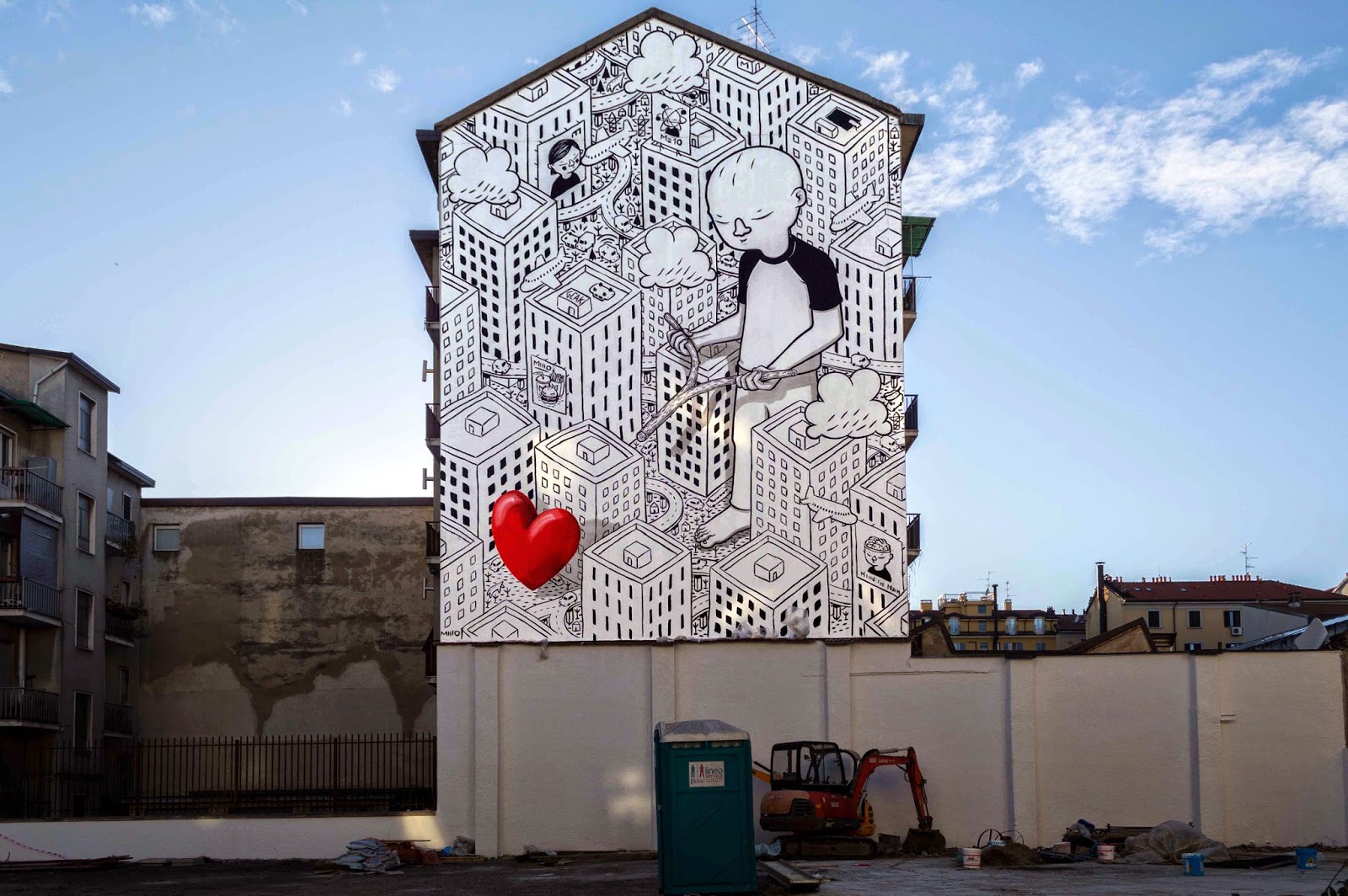 Constantly busy on the streets of Italy, Millo has now landed in planet Milan where he just finished working on yet another massive building.