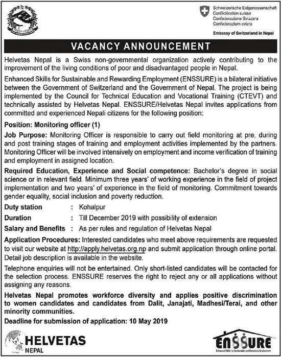 Vacancy at Helvetas Nepal for Monitoring Officer Vacancy at Helvetas Nepal for Monitoring Officer
