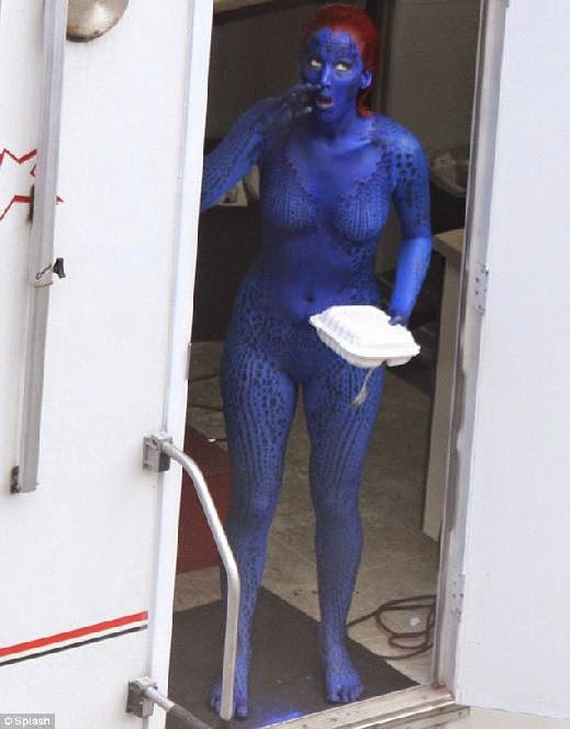 Jennifer Lawrence tucks into a meal in full Mystique body paint on