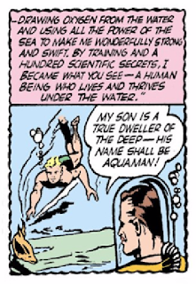 More Fun Comics (1935) #73 Page 54 Panel 3: Aquaman is trained to operate underwater by his dad through lost scientific secrets from Atlantis.