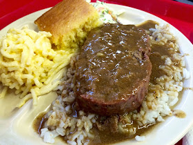 Meat Loaf over Rice & Gravy with Mac n' Cheese and Cornbread
