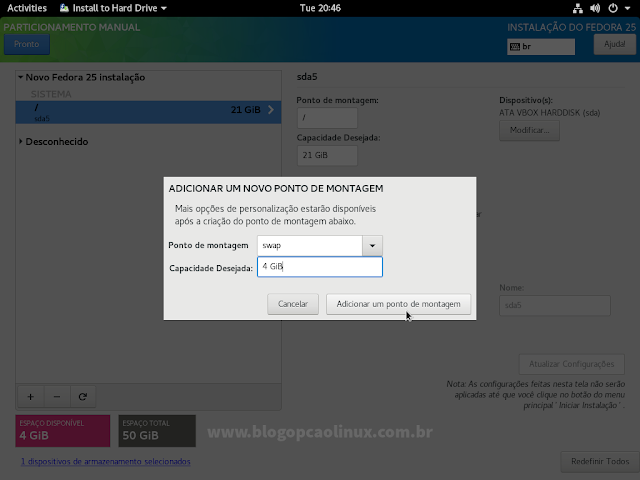 Informe o ponto de montagem como swap e defina o tamanho para a partição