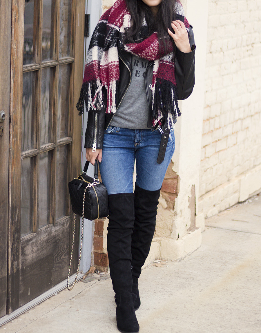 how to wear plaid scarf fall winter, allsaints balfern leather jacket, otk boots outfits