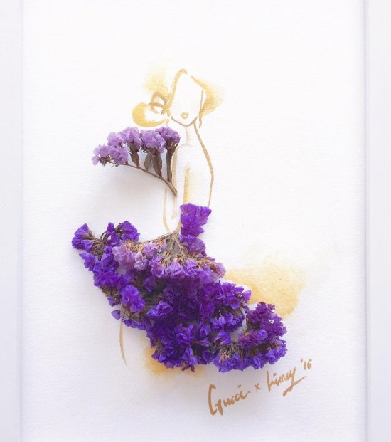 As belas pinturas em aquarela misturadas a flores reais de Lim Zhi Wei Lim Zhi Wei (Limzy) pinturas aquarelas coloridas com flores reais mulheres vestidos florais minimalistas