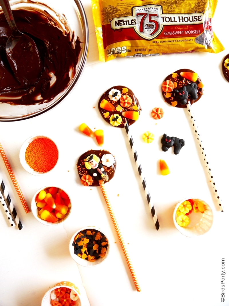 DIY Halloween Chocolate Bark Lollipops Recipe - BirdsParty.com
