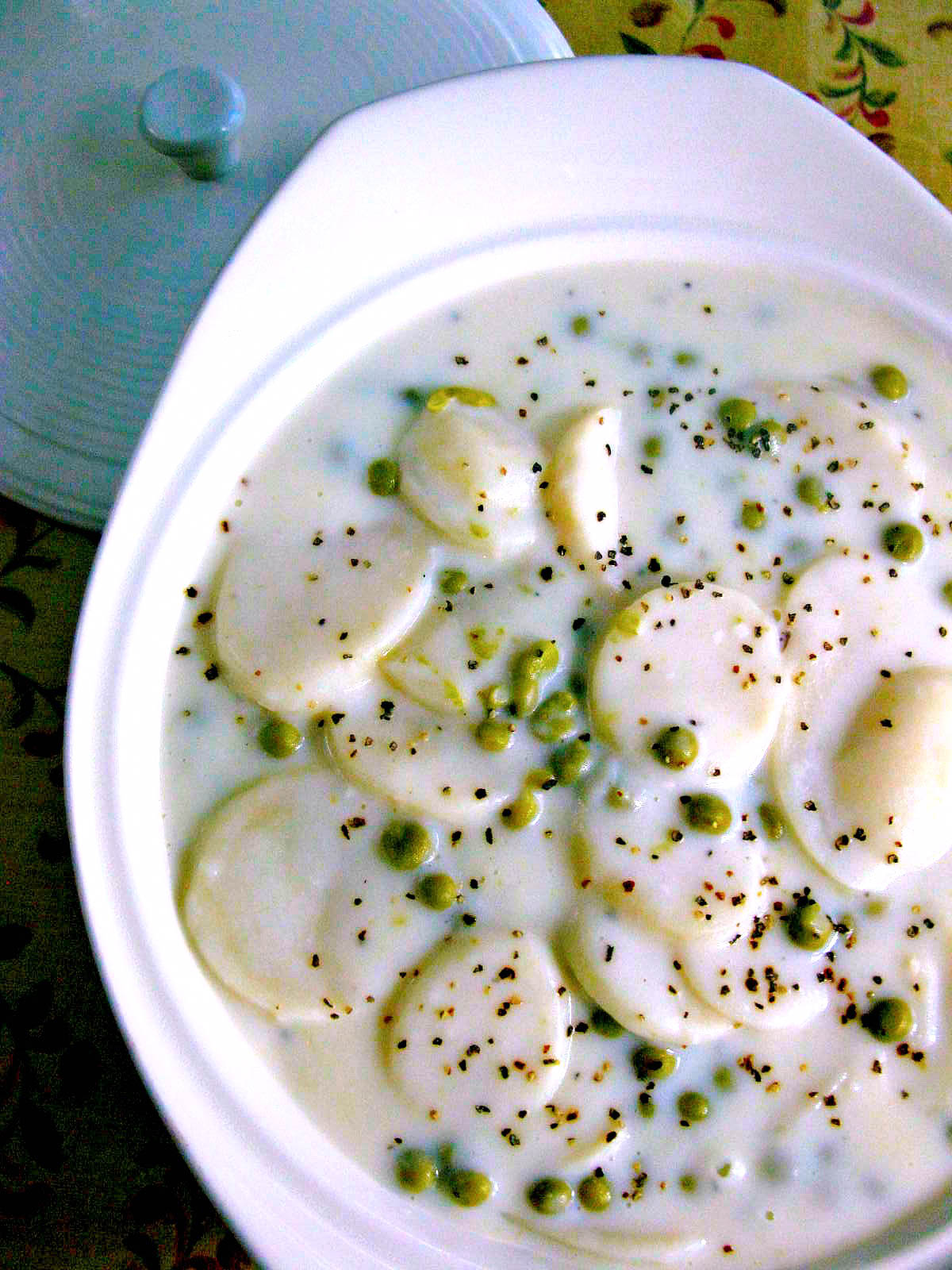 Cooking with K Old Fashioned Creamed New Potatoes and Peas in a White