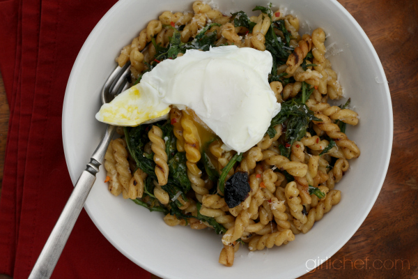 Pasta with Black Garlic, Kale, and a Poached Egg
