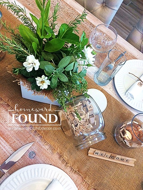 decorating, decorating basics, DIY, diy decorating, entertaining, fall, farmhouse style, fast cheap and easy, neutrals, rustic style, seasonal, simple solutions, style, summer, tablescapes, burlap, Scrabble tiles, Pinterest, Instagram, homewardFOUND decor