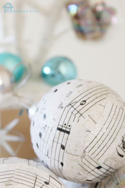 Ball ornaments covered with sheet music