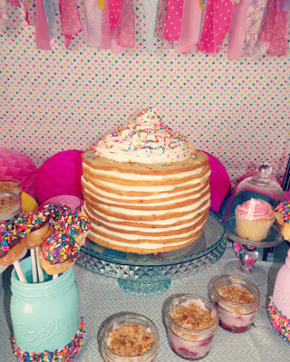 Pancakes and Pajamas birthday party decoration ideas. Food table. Pancake cake. Brunch