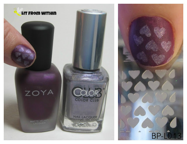 What I used:  Zoya Iris, Color Club Date With Destiny, and stamping plate BP-L013.