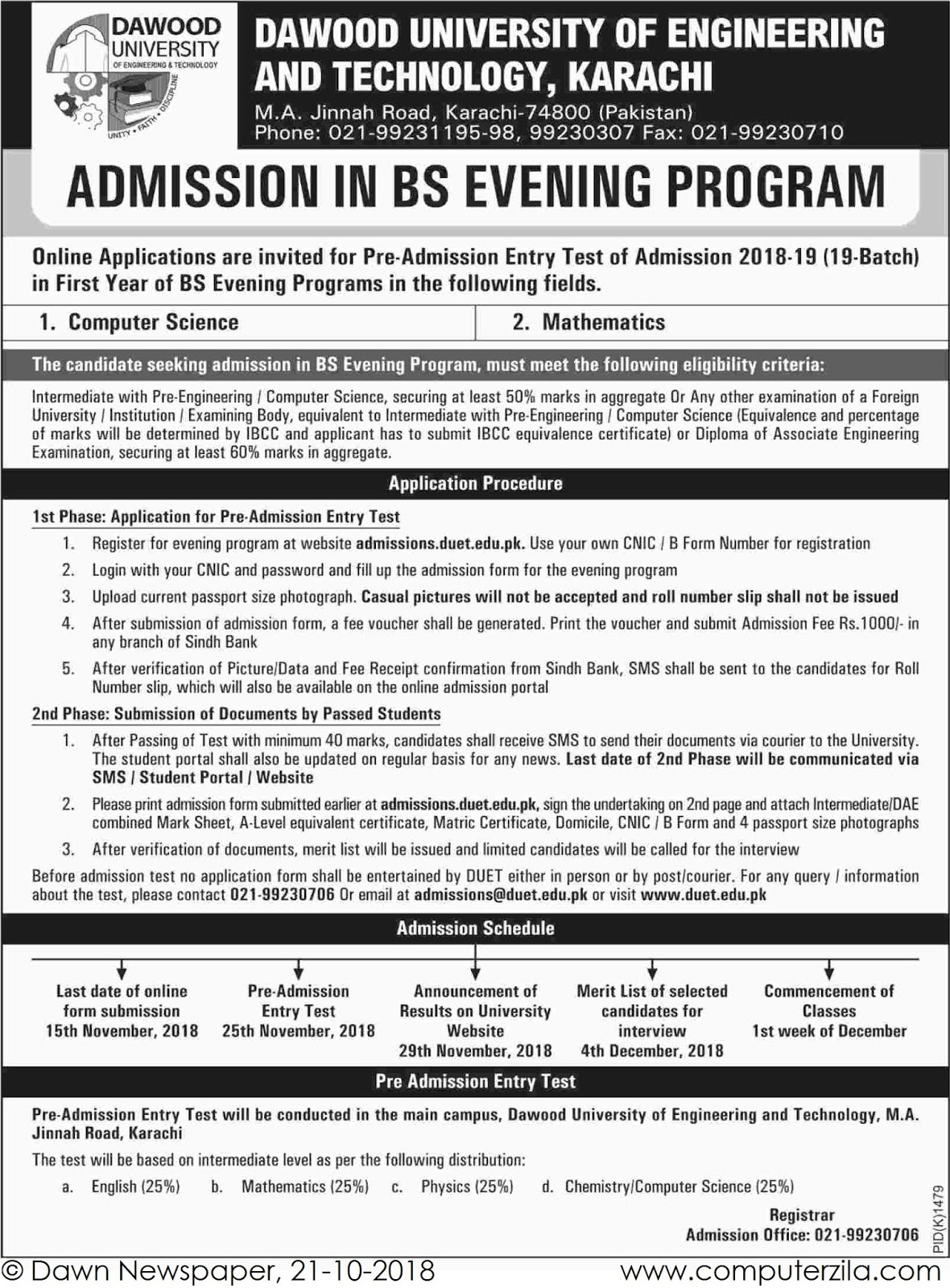 Admissions Open For Fall 2018 At DUET Karachi Campus