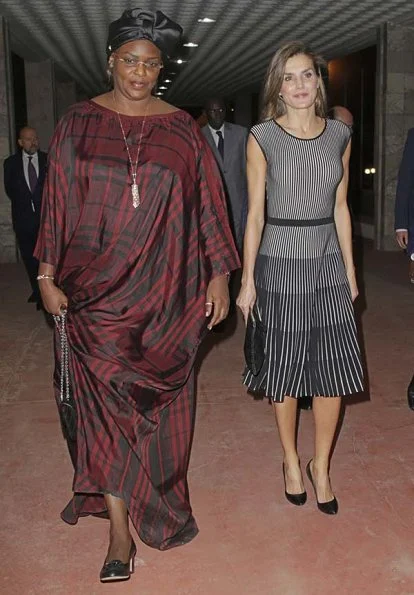 Queen Letizia wore Hugo Boss Franca Stretch Cotton Dress. Letizia met with First Lady Marieme Faye Sall in Dakar