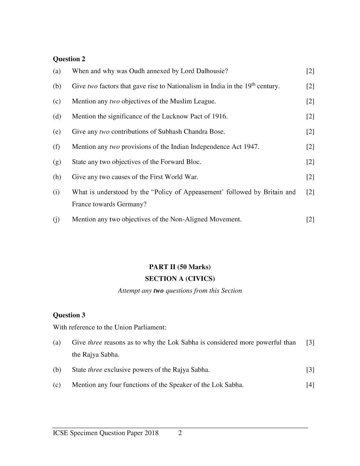 icse 2018 class 10th History & civics H.C.G Paper 1 SAMPLE question paper icse 2018 class 10th History & civics H.C.G specimen Paper 1 question paper