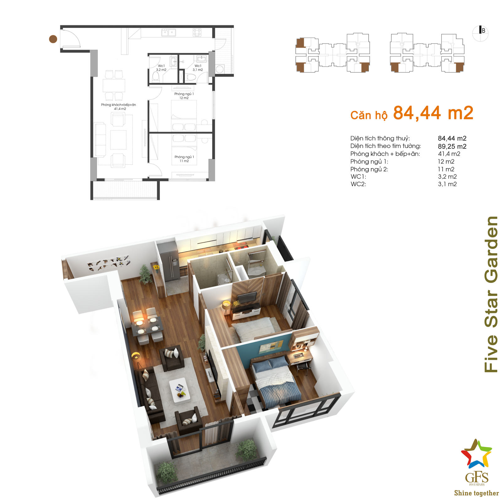 Thiết kế căn hộ 84,44 m2 Five Star Kim Giang Thiết kế căn hộ 84,44 m2 Five Star Kim Giang