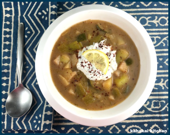 Kahakai Kitchen Middle Eastern Leek & Veggie Soup with Dilled Yogurt & Sumac for Souper (Soup