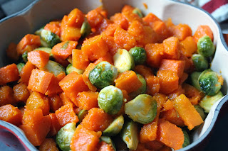 Roasted butternut squash, yam, and brussels sprouts