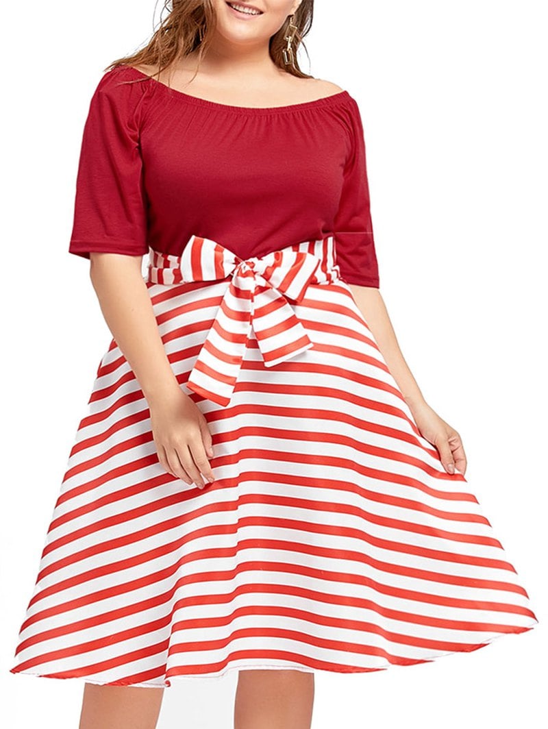 Plus Size Christmas Party Stripe Knee Length Dress