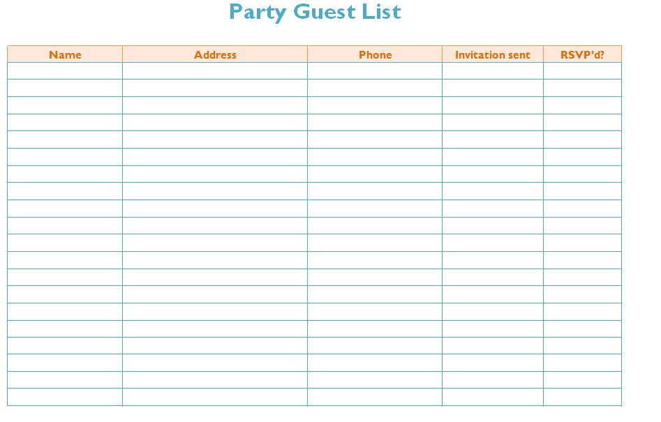 Party Guest List ~ Template Sample