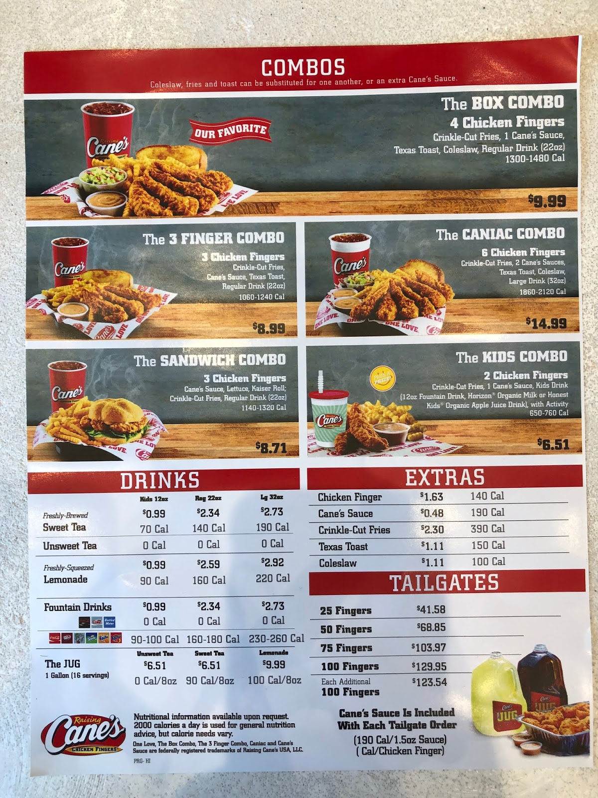 Menu  Raising Cane's