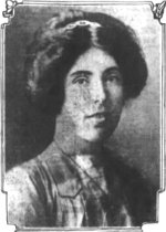 Anna Rice A portrait of a young white woman of the turn of the 20th century, with very thick, dark hair in an updo.