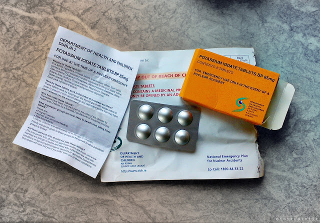 The contents of the package sent to Irish homes in 2002, containing an orange box of six iodine tablets in a silver blister pack.