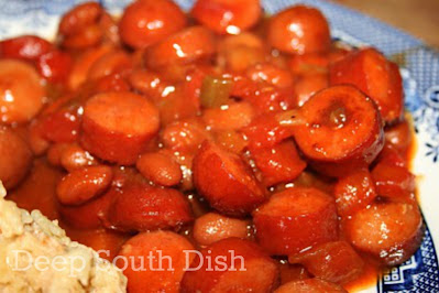 Beans and weenies, made from hot dogs, pork and beans, onion, and a tomato and ketchup based, brown sugar mustard sauce.