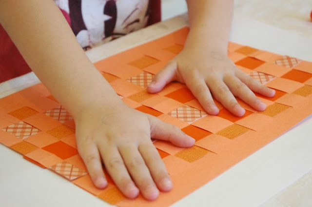 Halloween craft for kids, fine motor paper weaving jack-o-lantern