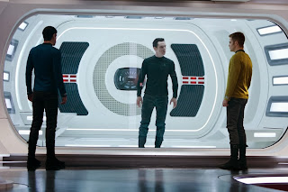 Benedict Cumberbatch as Khan, Chris Pine as Kirk, Zachary Quinto as Spock in Star Trek Into Darkness, Directed by J. J. Abrams