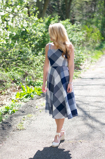 Navy and White Gingham Plaid Dress  with Soludos Wedge Espadrilles