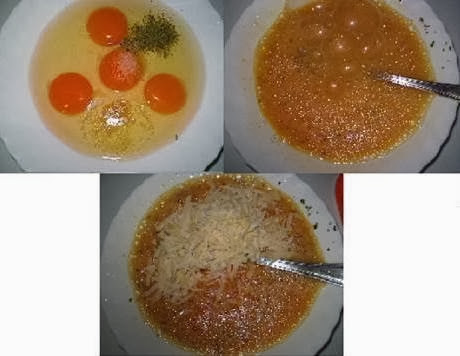 ovos batidos com o requeijão misturado Omelete com cogumelos e requeijão