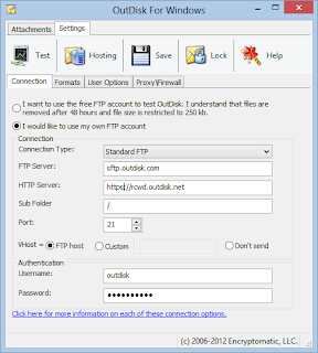 Settings screen of the OutDisk FTP Microsoft Windows desktop application.