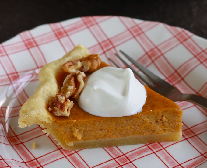 slice of real pumpkin pie topped with sugar-free whipped cream