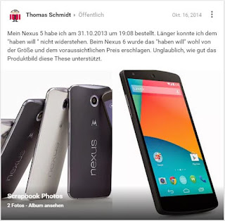 Google Plus Post: Nexus 6 zu groß und zu teuer