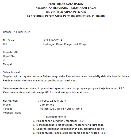 Contoh Surat Undangan Rapat RT