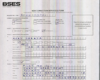 BSES Delhi, New Connection Form, Samples of Form, BSES Rajdhani, Sample Form, 