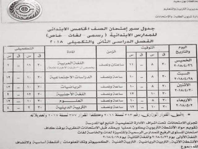 جدول امتحانات الصف الخامس الابتدائي 2018 الترم الثاني محافظة بورسعيد جدول امتحانات الصف الخامس الابتدائي 2018 الترم الثاني محافظة بورسعيد