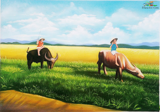 tranh son dau cậu bé chăn trâu