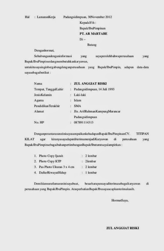 Contoh Surat Lamaran Kerja Di Pabrik Garmen Nusagates