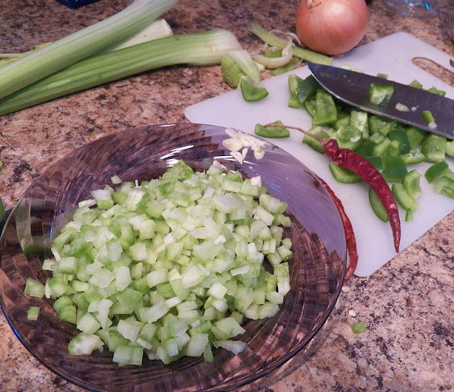 Chopped veggies for gumbo