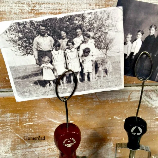 Vintage photo display using old stampers and wire www.homeroad.net
