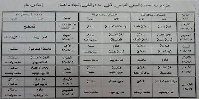 جدول امتحانات الفصل الدراسى الاول بمحافظة بورسعيد 2018 جميع المراحل (اعدادى / إبتدائى) الترم الاول