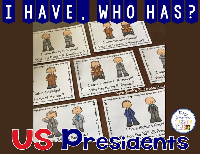 I Have, Who Has? U.S. Presidents Cards, Teacher Directions and a Teacher Answer Key. Including all the presidents from George Washington to Donald Trump. Total of 1 Teacher Direction Sheet, 88 President Cards, and 2 Teacher Answer Keys comes with this resource. An easy version with names only and a more challenging version with names and numbers. Perfect for indoor recess, whole group reading or tutoring after school, add a little fun to your Presidents' Day week.