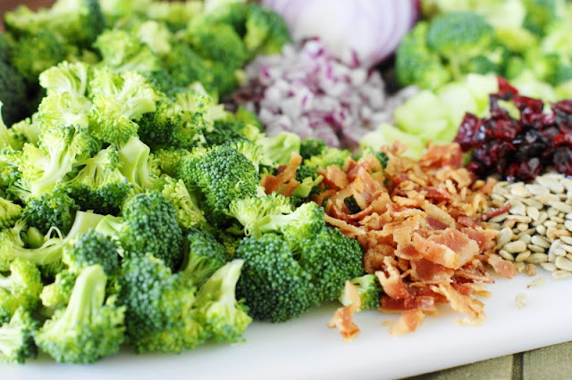 Broccoli Salad with Bacon & Dried Cranberries ~ This version of broccoli salad is packed with great flavor.  Perfect for all those cookouts, church socials, picnics, and potlucks!   www.thekitchenismyplayground.com
