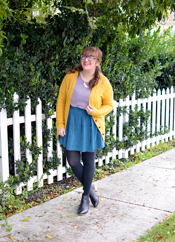 Yellow cardigan, thrifted teal skirt, Rocksbox necklace, and striped top